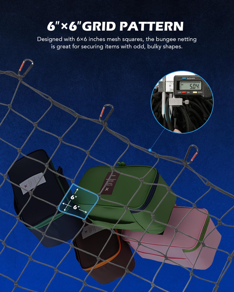 Orion Motor Tech 5'x7' Heavy Duty Cargo Net Stretches to 10'x14' for Pickups SUVs Vans Semis, Bungee Cord Net for Truck Bed Roof Rack Trailer More with Handmade Knotting 18 Carabiners Storage Bag - Image 3